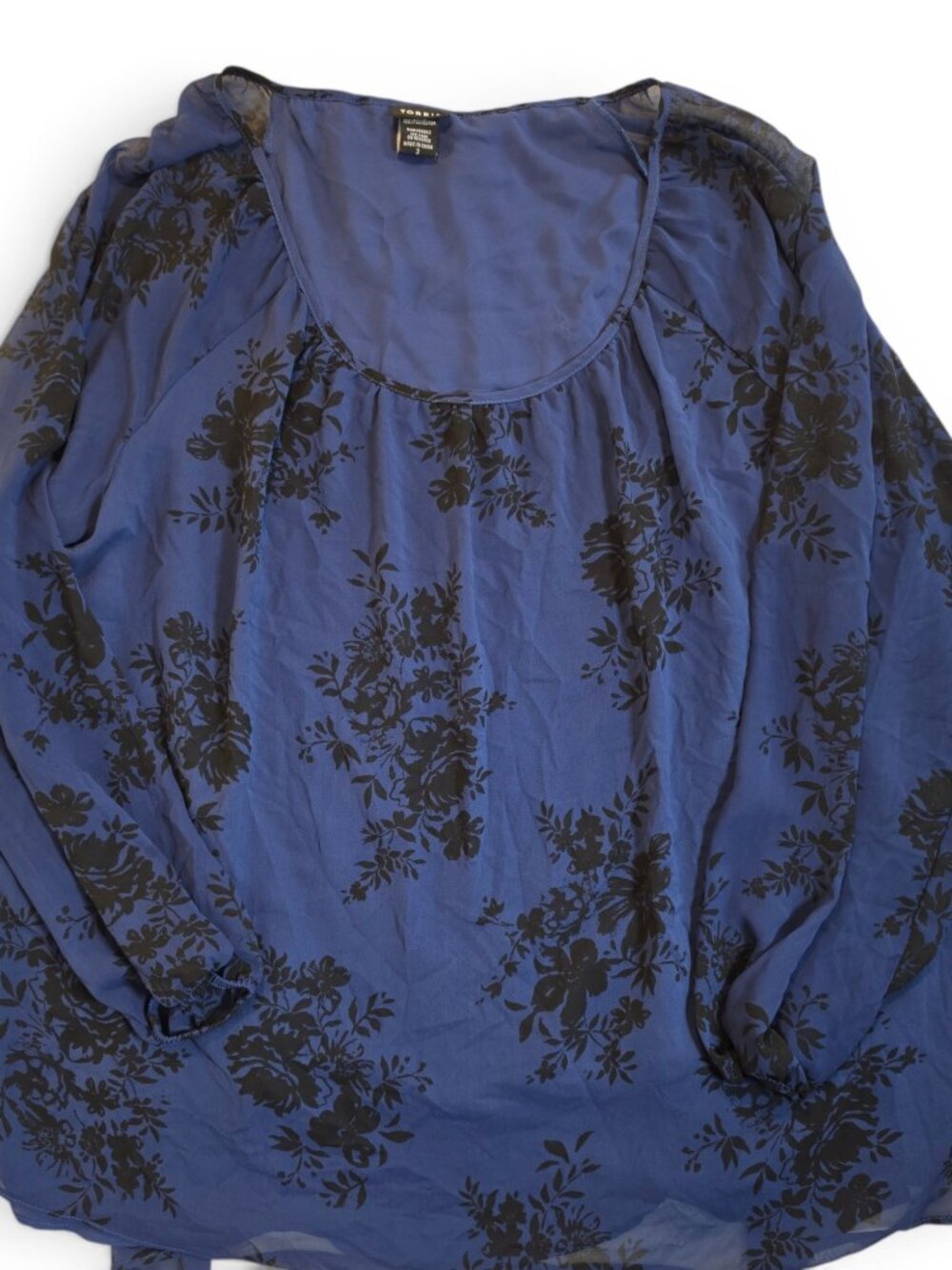 Torrid Blue & Black Floral Chiffon Long Sleeve Split Back Blouse Size 3